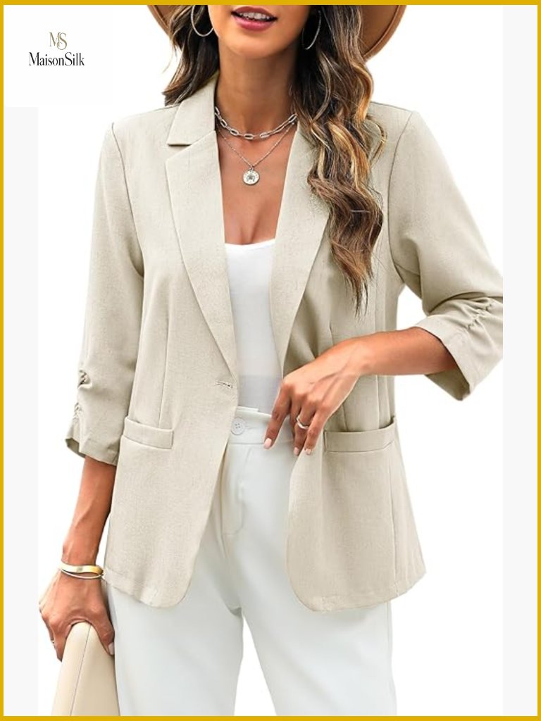 Lightweight Linen Blazer 3/4 Ruched Sleeves Slim Fit Jacket With Pockets